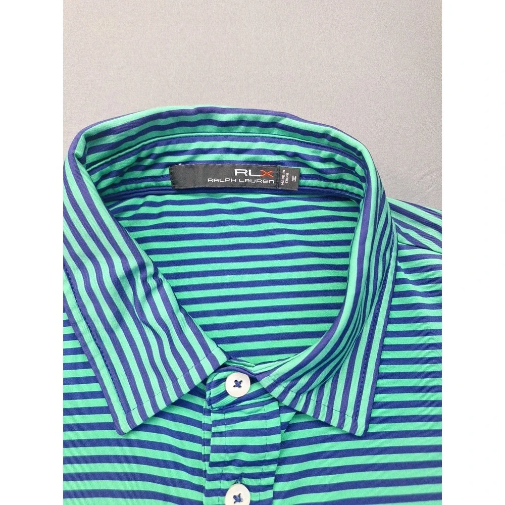 RLX Ralph Lauren Polo Shirt Mens Medium Blue Green Striped‎ Golf Wicking Preppy